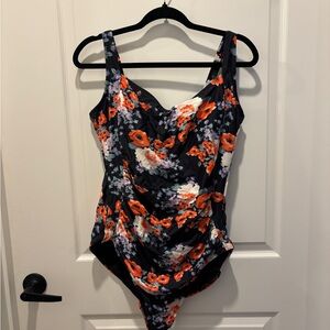 Floral Black One-Piece Swimsuit with Orange & White Blooms